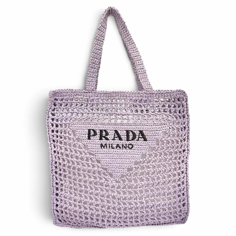 PRADA 1BG393 Triangle Logo Raffia Crochet Tote Bag, Shoulder Bag Included, Pu...